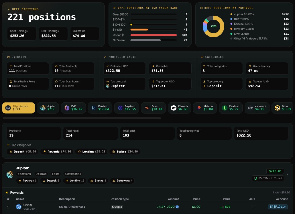 DeFi portfolio overview showing positions, value bands, and protocol totals
